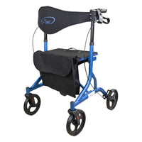 Z-Tec Falcon XL Lightweight Rollator with four wheels, black seat, backrest, front bag and hand brakes, side view.