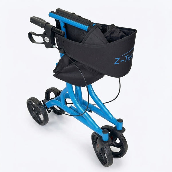 Z-Tec Falcon XL Lightweight Rollator with black handles, wheels and storage bag, side view.