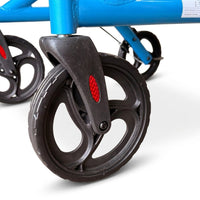 Close-up of black wheels with red reflectors on Z-Tec Falcon XL Lightweight Rollator, close-up view.