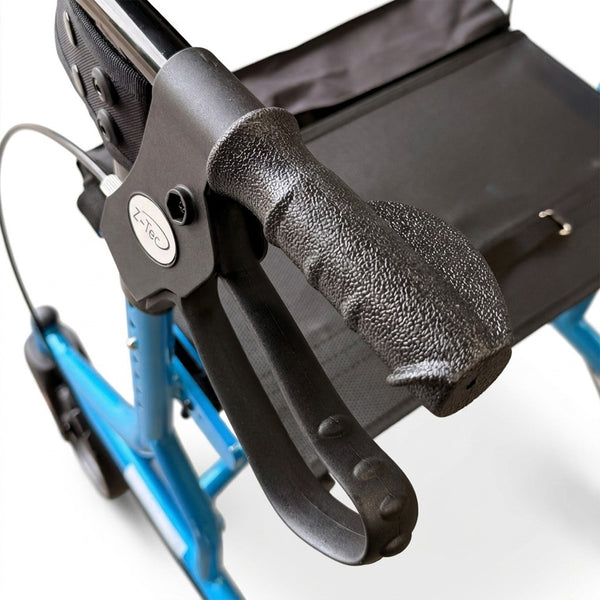 Z-Tec Falcon XL Lightweight Rollator with textured black handle, brake, and black seat for mobility support, close-up.