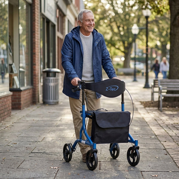 Older man using Z-Tec Falcon XL Lightweight Rollator on pavement with trees and buildings in background, in use.