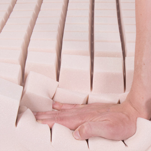 Hand pressing on Thorpe Mill Firm Edge Mattress, showing indents in soft, segmented foam surface, close-up view.