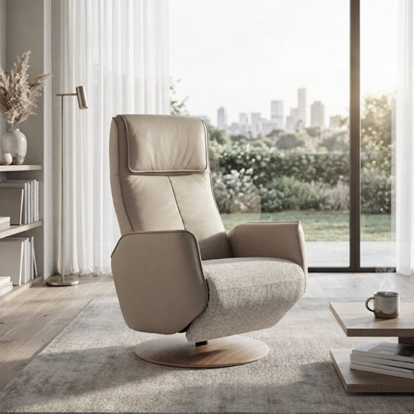 Modern Motion Fitzroy Riser Recliner in a bright living room with city views and neutral decor, front view.