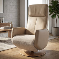 Modern Motion Fitzroy riser recliner swivel chair with ergonomic design in a bright living room, front angle.