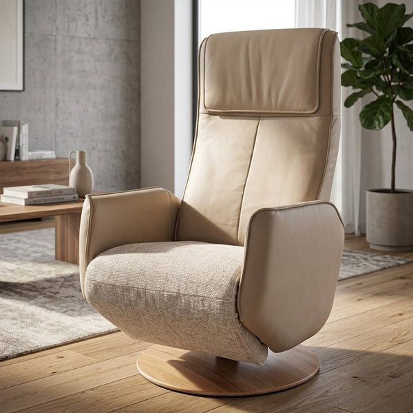 Modern Motion Fitzroy riser recliner swivel chair with ergonomic design in a bright living room, front angle.
