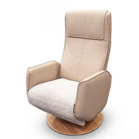Modern Motion Fitzroy riser recliner chair with high back and swivel wood base, white background, front view.