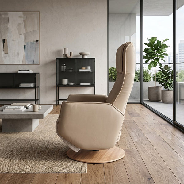 Modern Motion Fitzroy Riser Recliner in a minimalist room with wood floors and city views, front view.