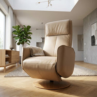 Modern Motion Fitzroy Riser Recliner Swivel Chair with blanket in a modern living room, wood floors and natural light, front view.