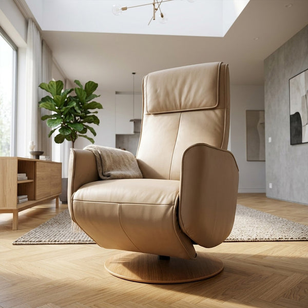 Modern Motion Fitzroy Riser Recliner Swivel Chair with blanket in a modern living room, wood floors and natural light, front view.