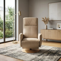Modern Motion Fitzroy riser recliner swivel chair on a rug beside a gold floor lamp, cabinet and large window, front angle.