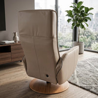 Modern Motion Fitzroy Riser Recliner Swivel Chair facing away in a living room with large windows and a green plant, rear view.