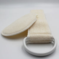 Homecraft Flannel Strap and Wash Mitt with handle, matching loofah, and cotton strap for skin care, shown from above.