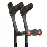 Flexyfoot Comfort Grip Open Cuff Crutches with red reflector tips, standing upright on white background, front view.