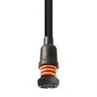 Flexyfoot Comfort Grip Open Cuff Crutches with connector and two orange rings on black cable, white background, close-up.