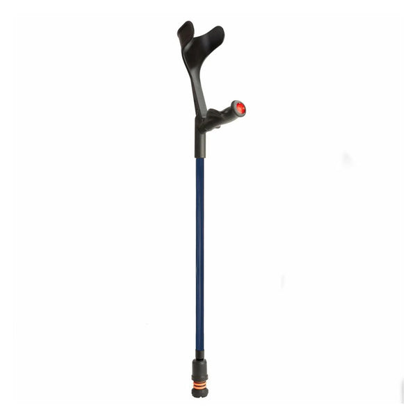 Flexyfoot Comfort Grip Open Cuff Crutch standing upright on white background, front view.