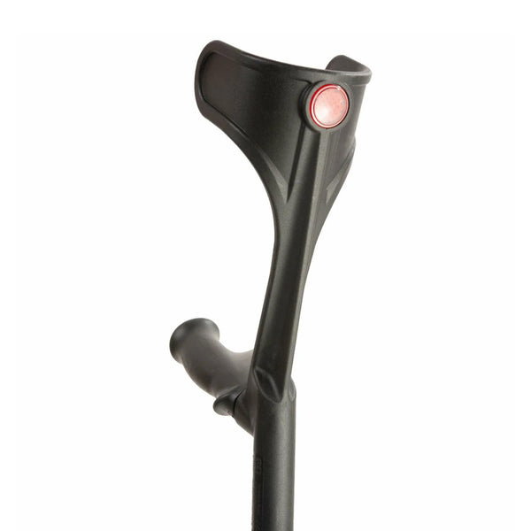 Flexyfoot Comfort Grip Open Cuff Crutch with ergonomic handle, viewed from above against a white background.