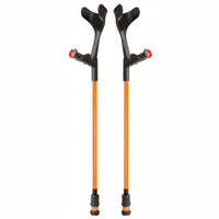 Flexyfoot Comfort Grip Open Cuff Crutches standing upright, white background, front view.