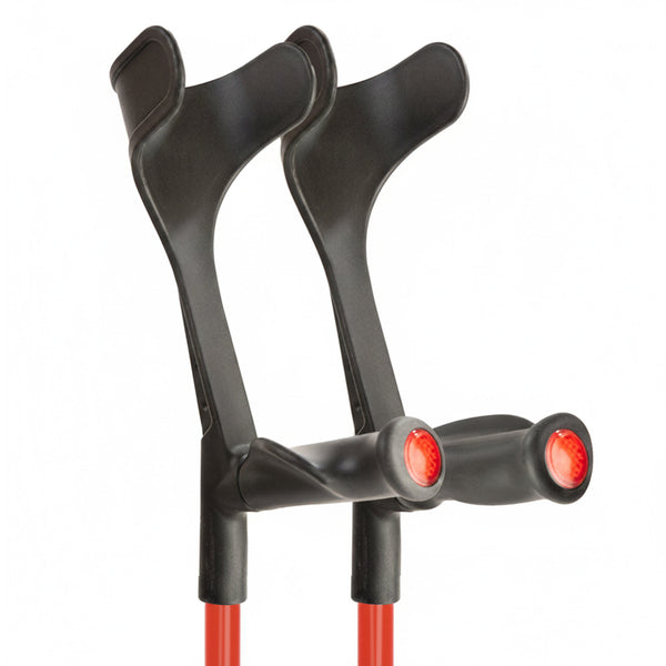 Pair of Flexyfoot Comfort Grip Open Cuff Crutches standing upright on a white background, front view.