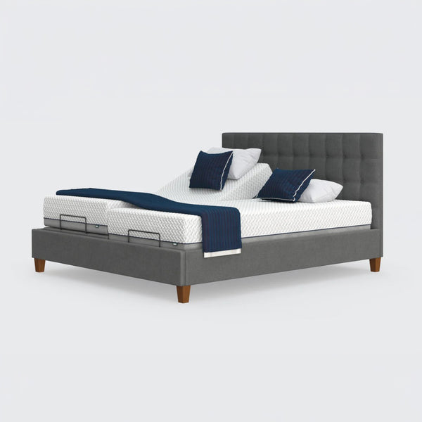 Opera Beds Flyte Adjustable Bed with tufted headboard, white mattress and blue bedding, Zero Gravity feature, front view.