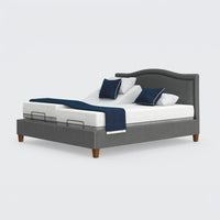 Flyte Adjustable Bed with white mattresses, blue blankets, and pillows set in Zero Gravity and anti-snore positions, front view.
