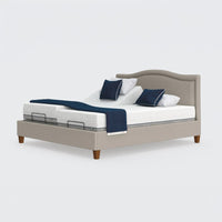 Opera Beds Flyte Adjustable Bed with zero gravity setting, white bedding, blue accent blankets and pillows, front view.