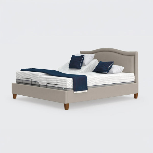 Opera Beds Flyte Adjustable Bed with zero gravity setting, white bedding, blue accent blankets and pillows, front view.