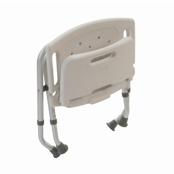 Drive Folding Shower Chair with plastic backrest, height adjustable aluminium legs and rubber tips, folded position side view.