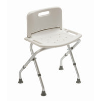 Drive folding shower chair with adjustable height, backrest, handles, drainage holes, sturdy legs and rubber tips, front view.