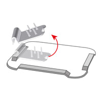 Food preparation aid with clip prongs being inserted into a slotted base, arrow indicating assembly, illustration view.