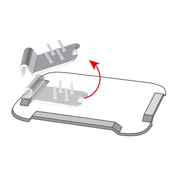 Food preparation aid with clip prongs being inserted into a slotted base, arrow indicating assembly, illustration view.