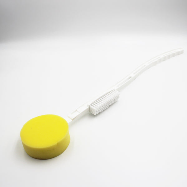 Homecraft Foot Brush & Sponge with long contoured handle, sponge on one end and bristles on the other, side view.