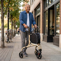 Older man using NRS Freestyle 3 Wheel Rollator with adjustable handles on a tree-lined city pavement, in use.