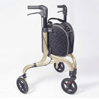 NRS Freestyle 3 Wheel Rollator with black handles, black storage bag and large wheels, side view.