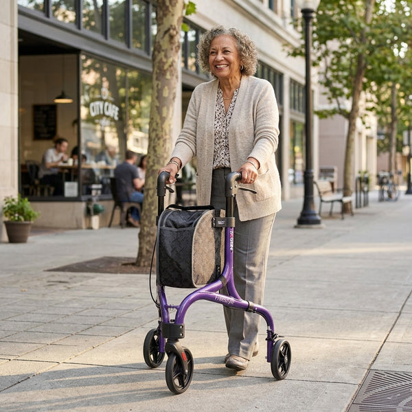 Woman using NRS Freestyle 3 Wheel Rollator with adjustable ergonomic handles outside a café, in use.