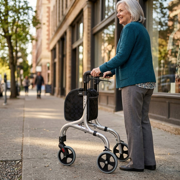 Older woman using NRS Freestyle 3 Wheel Rollator with adjustable handles on city pavement, in use view.