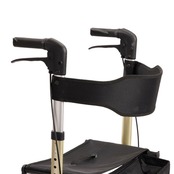 NRS Freestyle 4 Wheel Rollator with ergonomic handles and curved padded backrest, close-up view.
