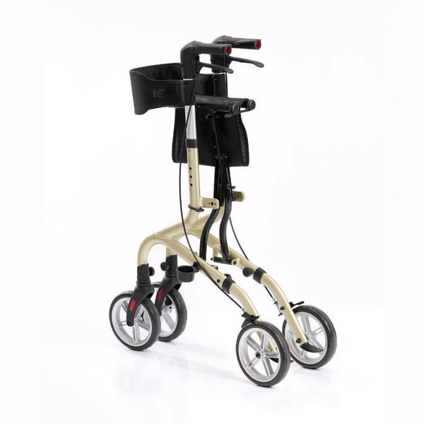 NRS Freestyle 4 wheel rollator with hand brakes and pouch, lightweight folding design for mobility support, side view.