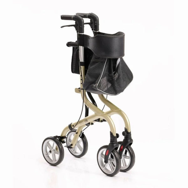 NRS Freestyle 4 Wheel Rollator with ergonomic handles and bag, standing on white background, front view.