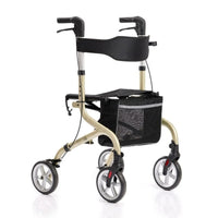 NRS Freestyle 4 wheel rollator with seat, backrest, hand brakes and under-seat mesh bag, lightweight mobility aid, front view.