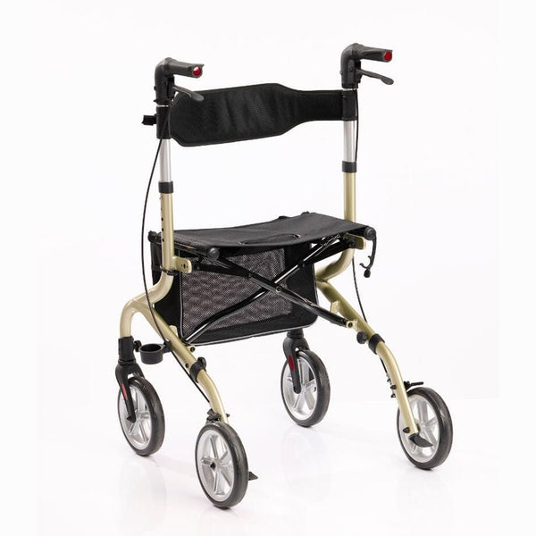 NRS Freestyle 4 Wheel Rollator with seat, mesh storage, hand brakes and folding frame, white background, side view.
