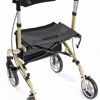 NRS Freestyle 4 Wheel Rollator with mesh seat and storage pouch, lightweight mobility aid, close-up view.