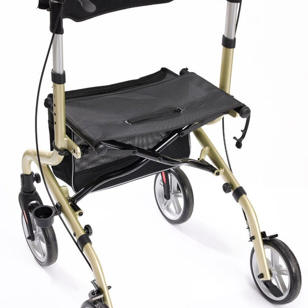 NRS Freestyle 4 Wheel Rollator with mesh seat and storage pouch, lightweight mobility aid, close-up view.