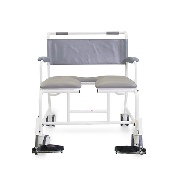 Prism Medical Freeway T100 Bariatric Shower Chair with armrests, padded seat and backrest, adjustable footrests, front view.
