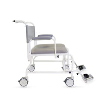 Prism Medical Freeway T100 Bariatric Shower Chair with wheels, armrests, adjustable footrests and padded seat and back, side view.