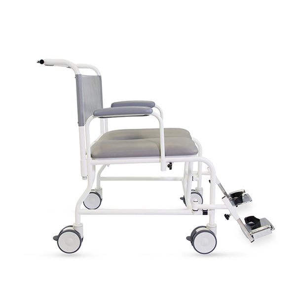 Prism Medical Freeway T100 Bariatric Shower Chair with wheels, armrests, adjustable footrests and padded seat and back, side view.