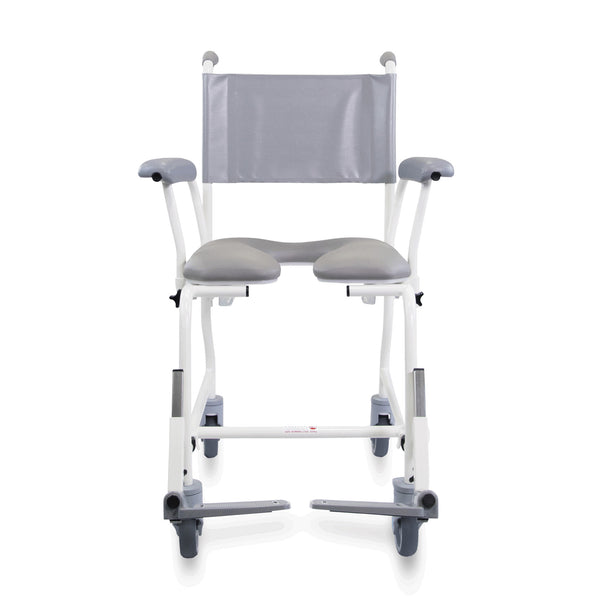Prism Medical Freeway T40 Mobile Shower Chair with antimicrobial protection, armrests, backrest and wheels, front view.