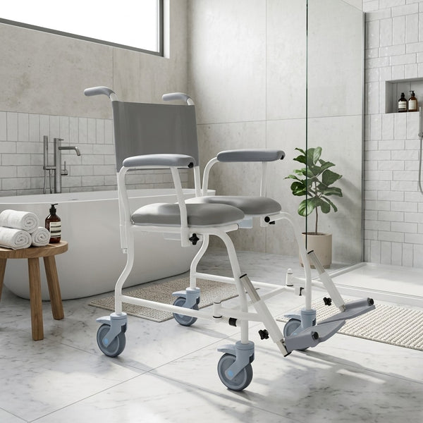 Prism Medical Freeway T40 mobile shower chair with antimicrobial protection, front view.