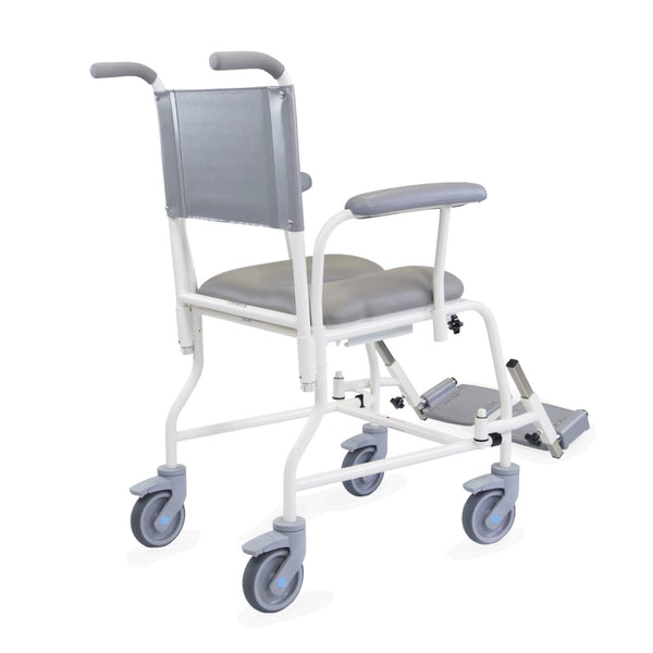 Prism Medical Freeway T40 mobile shower chair with armrests, backrest, large casters, antimicrobial protection, front view.