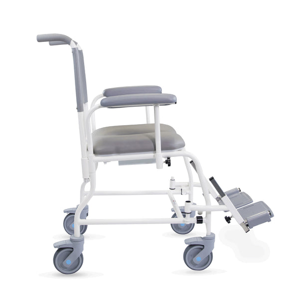 Prism Medical Freeway T40 Mobile Shower Chair with cushions, 4 wheels, footrests and antimicrobial protection, side view.
