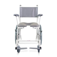 Prism Medical Freeway T60 Self-Propel Shower Chair with armrests and large side wheels, front view.
